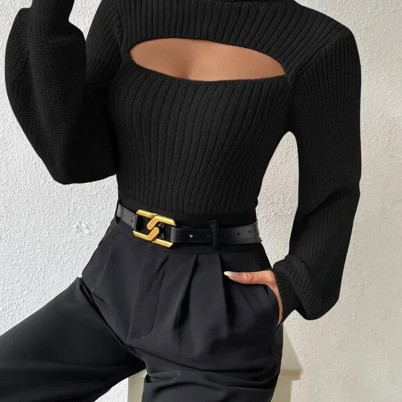 Black Casual Women's Long Sleeve Turtleneck Sweater with Cut Out Eyelet - Picture 3 of 7
